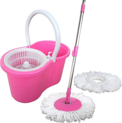 PRINCE Spin First class Plastic basket with 2 cotton Pink Color[Colour may vary as per Mop Set