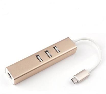 microware Type-C 3-Port USB 3.0 Hub with Ethernet Adapter TYPEC2USBHUBRJ45 USB Hub (Golden) MCS-3PORT USB Hub