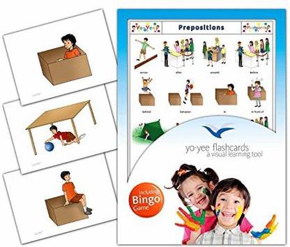Yo Yee Education Prepositions Flashcards In English With Matching Bingo Game Cards In One Set - Vocabulary Picture Cards For Toddlers, Kids