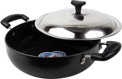 SIDDHI Siddhi Deep Fry Pan Kadai with LID 15 inch (38 cm), 3 mm Thick, 4 Litres, Hard Anodized Aluminium, Black Kadhai 38 cm diameter with Lid 4 L capacity