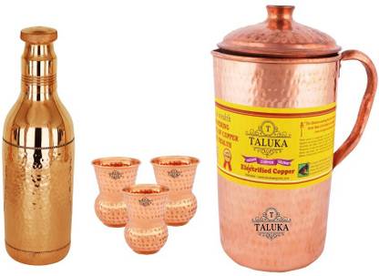 Taluka Copper Hammered Jug 2000 ML with Water Bottle 1700 ML, with 3 Round Bottom Glass 300 ML - Storage water Good Health Benefit Yoga Ayurveda पानी जग सेट