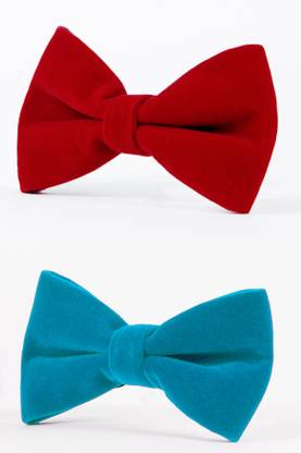 FOBHIYA Velvet Regular Bow Tie (Set of 2) in Red & Sky Blue Solid Men Tie