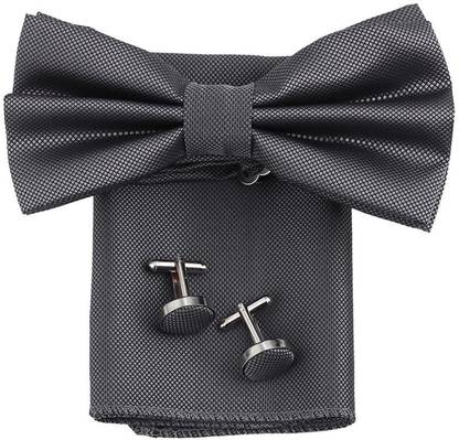 FOBHIYA Microfiber Butterfly Bow Tie with Pocket Square & Cufflinks Set in Grey Solid Men Tie