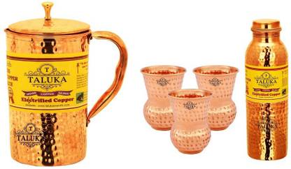 Taluka Copper Hammered Leak Proof Joint Free Water Bottle 1000 ML, Jug 2000 ML with 3 Round Bottom Glass 300 ML- Storage water Good Health Pack Of 5 पानी जग सेट