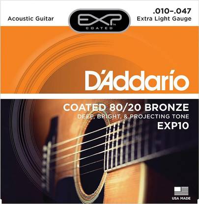 D'ADDARIO Acoustic EXP10 Coated Acoustic Guitar Strings, 80/20, Extra Light, 10-47 BY CHENNAI MUSICALS Guitar String
