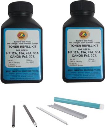 MOREL TONER REFILL KIT FOR REFILLING HP LASERJET 1010 / 1020 / CANON 303 / FX9 2 BOTTLE / DOCTOR BLADE / WIPER BLADE / PCR / MAGNETIC ROLLER / DRUM Black Ink Toner