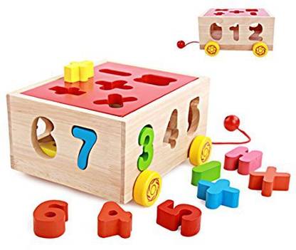 SMATTER Wooden Shape Sorting Box Cart, 14 Hole Cube For Shape Sorter Cognitive And Matching Wooden Toys