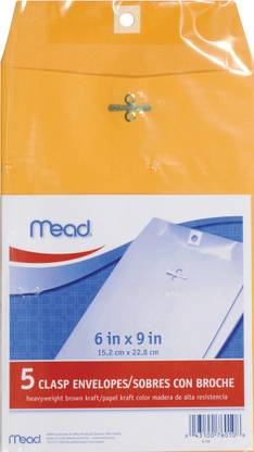 mead Clasp Envelopes 6"X9" 5 Per Package - Heavy Kraft
