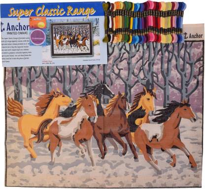 madura coats ltd Anchor Printed Canvas for Embroidery Big Size 60 x 80 cm with 87 Anchor threads & needle set with design & color scheme printed on it, Running Horses Design