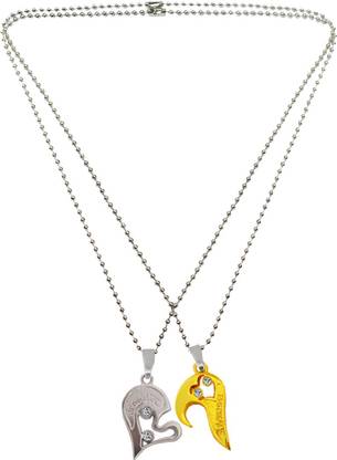 Menjewell Romantic Couple Heart Jewellery Unique "I LOVE You" In Lockable Broken Heart Gift For Him & Her Steel Pendant Set