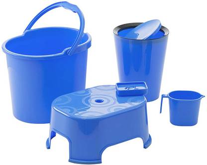 WCSE present Varmora company`s ultramorden design Bathroom Accessories 5 Pcs Set Blue (Balti 17.5 ltr, Round Waste Container 8.5 Ltr with Lid, Mug 1 ltr, Soap Dish, Comfort Stool) 27 L Plastic Bucket