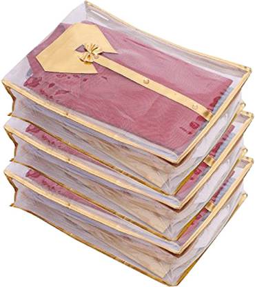 KUBER INDUSTRIES Designer Net Transparent Shirt Cover - Golden Set of 3 Pcs SHIRTCO102