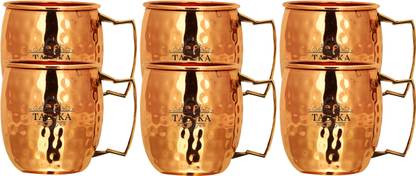 TALUKA (Pack of 6) Handmade Pure Copper Moscow Mule Beer Mug Brass Handle Pure Copper Beer Cup of 350 ML Bar Hotel Restaurant Tableware ( 3.5 Height x 3.2 Dia Inches approx ) Glass Set Water/Juice Glass