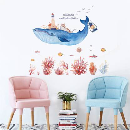 Ampire 110 cm Wall Stickers Whale Carrying Nautical Collection Aquatic View Decor Self Adhesive Sticker