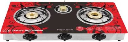 Suraksha Shine Surya Crystal 3 Burner Auto ignition Gas Stove-Design will be sent as per stock availability but the color will be same. Glass, Stainless Steel Automatic Gas Stove