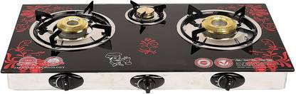 Suraksha Shine Surya Crystal 3 Burner Auto ignition Gas Stove-Design will be sent as per stock availability but the color will be same. Glass, Stainless Steel Automatic Gas Stove