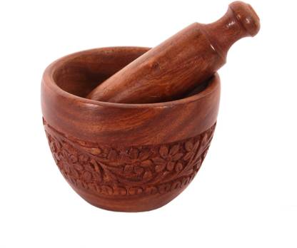 Purpledip Wooden Mortar & Pestle Grinding Bowl Set Garlic Crusher Wood Masher