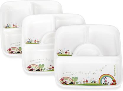 Signoraware Rainbow Square Plastic Thali Set, Set of 3, White Tray