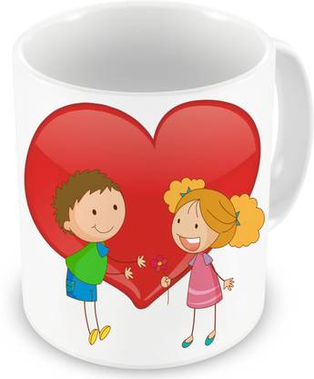 Factorywala Expressing Love Cartoon Girl Giving Flower to Boy Heart Printed Drinking for Coffee, Tea, Milk Ceramic Coffee Mug