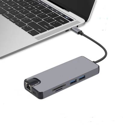 microware 8 in 1 New Stylish USB C Hub, USB Type C Adapter with HDMI Port, VGA Port, Gigabit Ethernet Port RJ45, USBC Power Delivery, 2 USB 3.0, TF/SD Card Reader, for MacBook Pro, Google Chromebook and More, Space Grey 2501 USB Hub