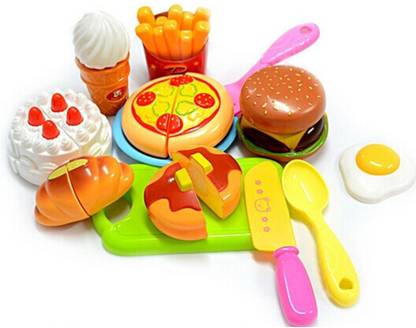 Shanaya 13 pieces Realistic Sliceable Fast Food Items like Pizza, Hot Dog, Burger, French Fries, etc with Velcro Pretend & Play Toy for Kids (Multicolor)
