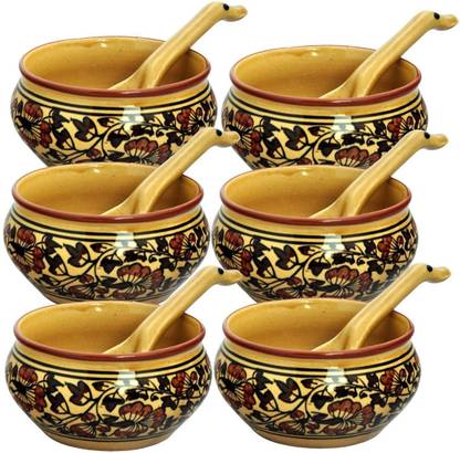 CRaFTghar Ceramic Soup Bowl Soup Bowls Set with spoons ( Set of 6 Ceramic 6 Soup Bowls With Spoons | Flower design ) Brown | 100% Food & Microwave Safe Assured | Blue Pottery | Handmade Gift for Family or Friends
