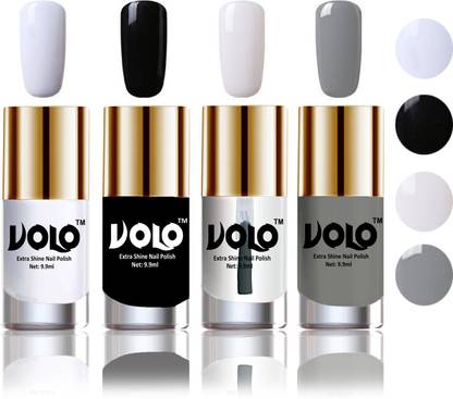Volo HD Colors High-Shine Long Lasting Non Toxic Professional Nail Polish Set of 4 Combo No-8 Matte White, Extra Shine Top Coat, Black, Grey