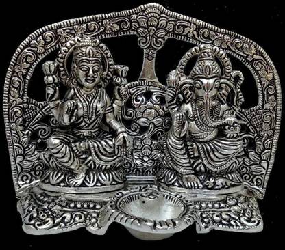 Crafticia Crafticia Oxidized Silver Metal Laxmi Ganesh Ji with Frame Diya For Pooja or as Puja Article - 9X4X7 inch Decorative Showpiece  -  13.5 cm