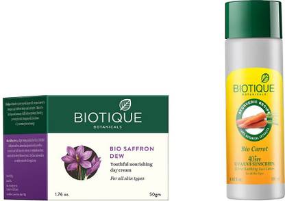 BIOTIQUE Bio Saffron Dew Youthful Nourishing Day Cream, Bio Carrot 40+ Spf Sunscreen Ultra Soothing Face Lotion
