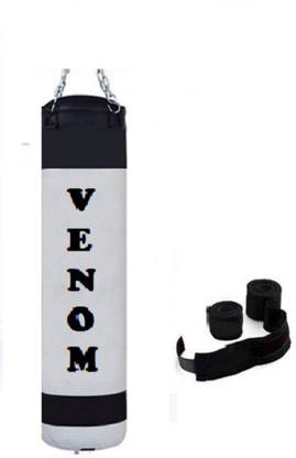 VENOM 5.0 Feet Long, PU, White and Black Color, Unfilled with Hanging Chain and 9 Freet Long Blue Color Hand Wrap Pair Boxing Kit
