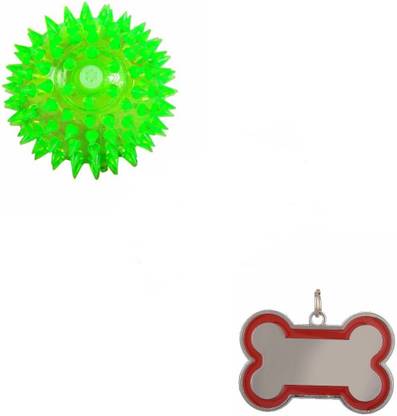 W9  LED Light-UP Spike Squeaky Ball With Free Collar Charm For Puppy-Medium Rubber Squeaky Toy For Dog