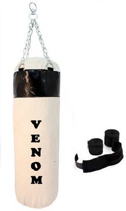 VENOM 3.5 Feet Long, CANVAS Material, White and Black Color, Unfilled with Hanging Chain and 9 Freet Long Black Color Hand Wrap Pair Boxing Kit
