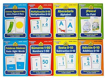 School Zone Spanish English Bilingual Flash Cards 8-Pack (Addition, Subtraction 0-10, Multiplication 0-20, Go Fish, Alphabet, Numbers 1-50,
