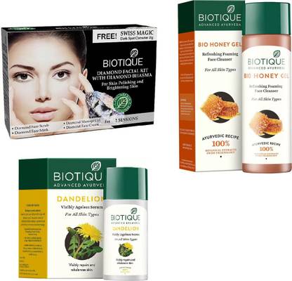 BIOTIQUE Bio Diamond Facial Kit, Bio Dandelion Ageless Lightening Serum, Bio Honey Gel Refreshing Foaming Face Cleanser For All Skin Types