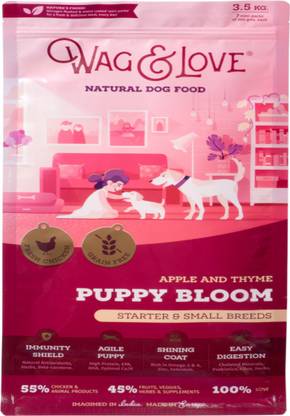 Wag & Love Natural Dry Dog Food, Puppy Bloom For Small & Medium Breed Puppy Fruit, Meat, Chicken 3.5 kg (2x1.75 kg) Dry Young Dog Food