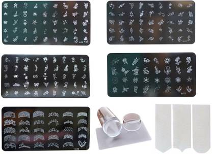Lifestyle-You Nail Stamping Kit with 5 Rectangular Image plates, Silicone Stamper & Scraper and Nail Tip guide sheet.