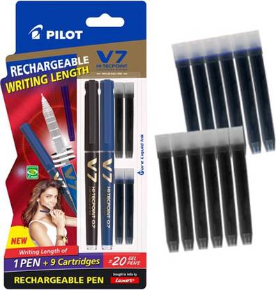 PILOT Hi-tecpoint V7 cartridge System Pen( 1 Blue, 1 Black Pen + 2 Blue, 2 Black Ink Cartridge