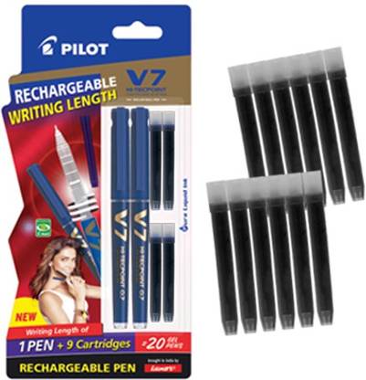 PILOT Hi-tecpoint V7 cartridge System Pen( 2 Blue Pen + 4 Blue Ink Cartridge