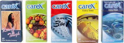 CAREX CONDOM SET OF FIVE- ASSORTED,SUPER 3-IN -1,ROUGH & TOUGH,SUPER THIN , POWER SHOT Condom