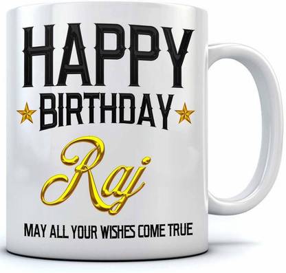 RAMPOSH Happy Birthday Raj Name Printed Ceramic Coffee. 350 ml.Birthday Gift,Raj Name Coffee Ceramic Coffee Mug