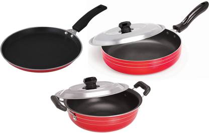 Dynore Non Stick Cookware set of 3- Dosa Tawa, kadhai with lid & Fry Pan with lid Induction Bottom Non-Stick Coated Cookware Set