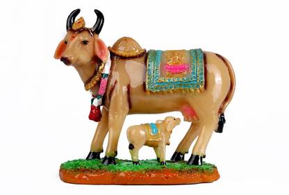 mantra art gallery marble base polyresin Handcrafted Decorative Kamadhenu Cow & marble base polyresin Statue Divine Showpiece/ Spiritual Vastu Nandi Pooja Figurine Sculpture/ Designer Stone Studded Gau Mata Animal Puja Idol Decorative Showpiece  -  21 cm