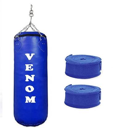 VENOM 1.5 feet long,PU Material ,Blue color,Unfilled with Hanging Chain and 9 Feet Long blue Color Hand Wraps Pair Boxing Kit