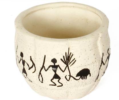 UGAOO Ceramic Hand Carved Matka Pot - Small (Bare White With Warli Design) Plant Container Set