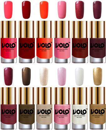 Volo Luxury Super Shine Nail Polish Set of 12 Vibrant Shades Combo-No-319 Pearly White Chrome, Red, Metallic Pink, Lava Lust, Chrome Rust
