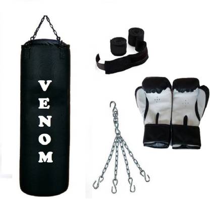 VENOM 2.0 Feet Long, CANVAS Material, BLACK Color, Unfilled with Hanging Chain with 9 Feet Long Black Color Hand Wraps Pair & Boxing Gloves Pair Boxing Kit