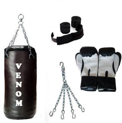 VENOM 3.0 Feet Long, SRF STANDARD Material, BLACK Color, Unfilled with Hanging Chain with 9 Feet Long Black Color Hand Wraps Pair & Boxing Gloves Pair Boxing Kit