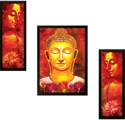 Craft Junction Set of 3 Lord Buddha Art Print Design Matt Textured UV Digital Reprint 13.5 inch x 9.5 inch Painting
