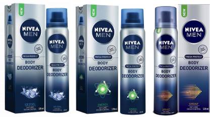 NIVEA Men Ice Cool, Energy and Sprint Gas Free Body Deodorizer 120ML Each (Pack of 3) Deodorant Spray  -  For Men