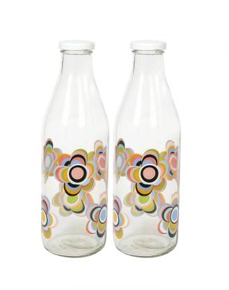 Agile Printed Designer Italian Freeze Safe Air Tight Flip Cap Clear Glass Water, Milk And Juice Bottle (1000 Ml) ,Pack Of 2 1000 ml Bottle